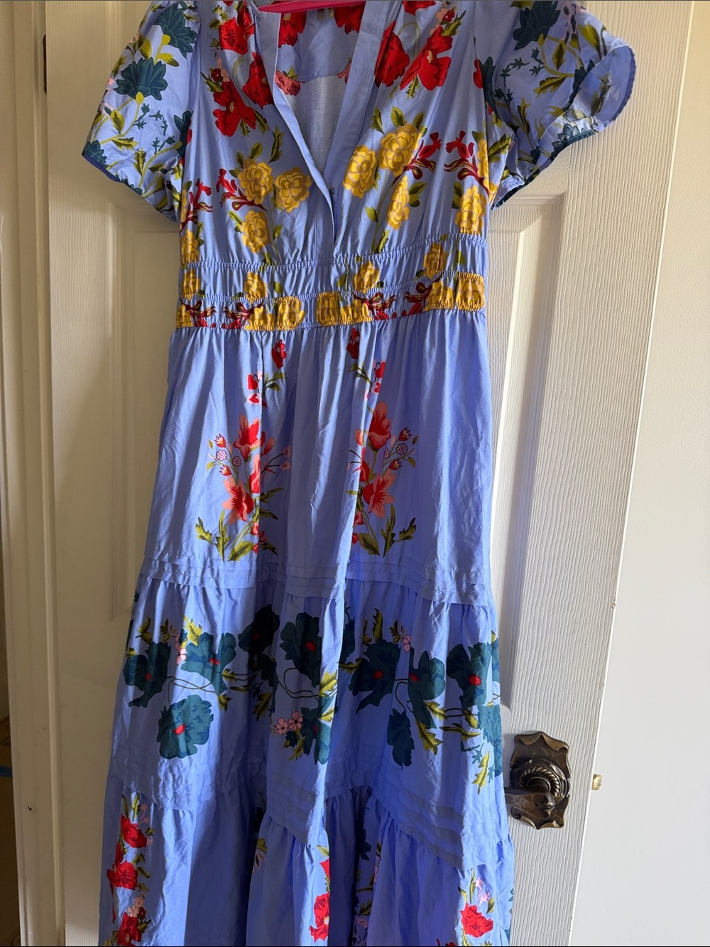 Anthropologie Somerset  Blue Floral Tiered Maxi Dress with Smocked Waist